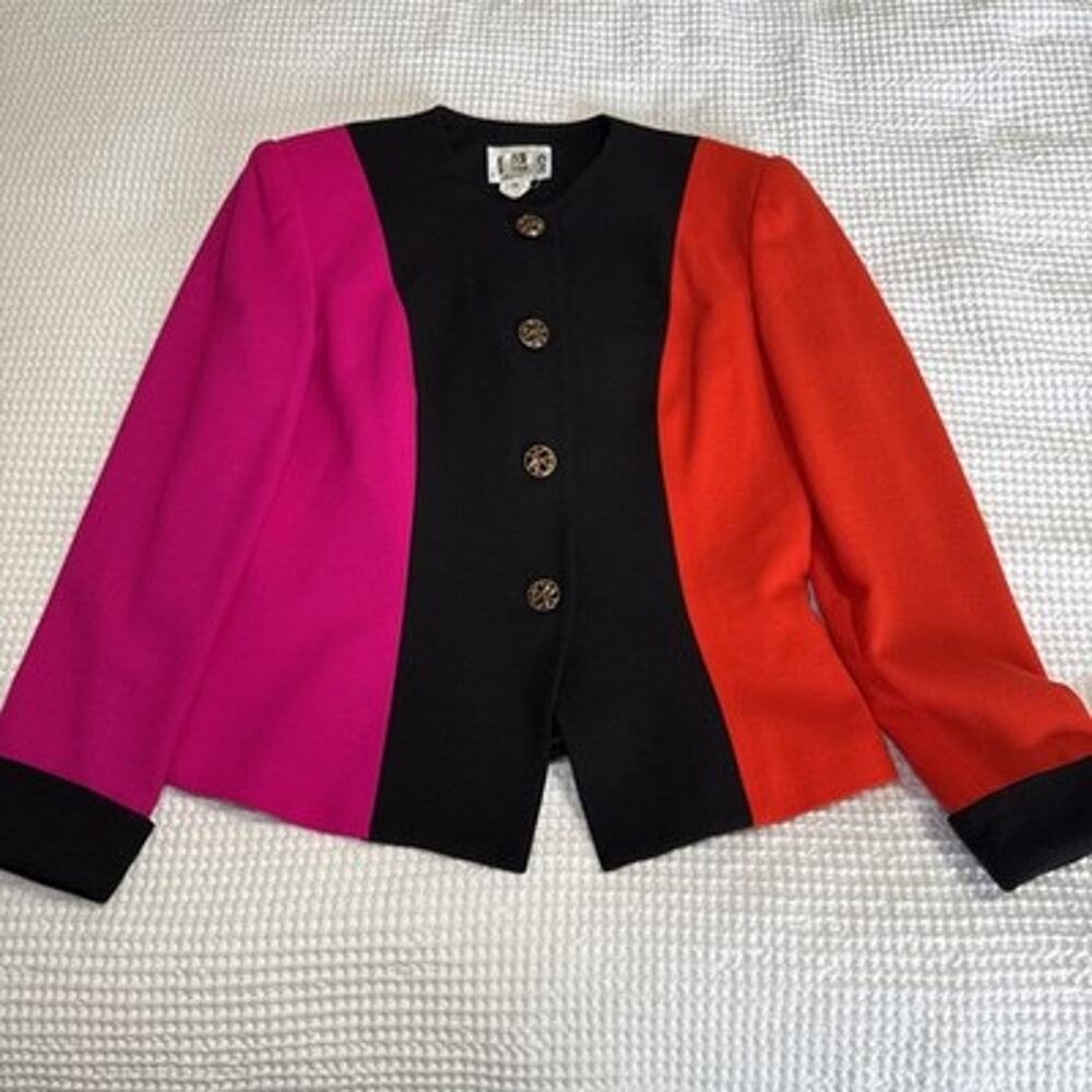 Morgan Miller Women 10 Blazer Black Red Pink Color Block Button Jacket Vtg EUC